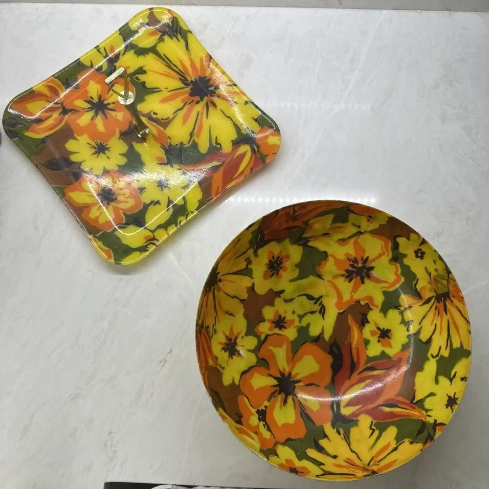 Quaker Fashion Flair Flower Power Fiberglass Serving Tray & Bowl Set Vintage MCM